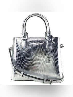 Michael Kors NWT Adele Metallic Silver Snake-Embossed Satchel crossbody small
